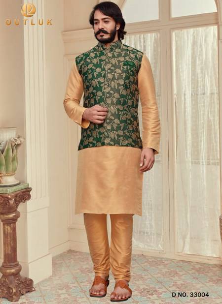 Green Colour Latest Design Festive Wear Art Silk Digital Printed Kurta Pajama With Jacket Mens Collection 33004